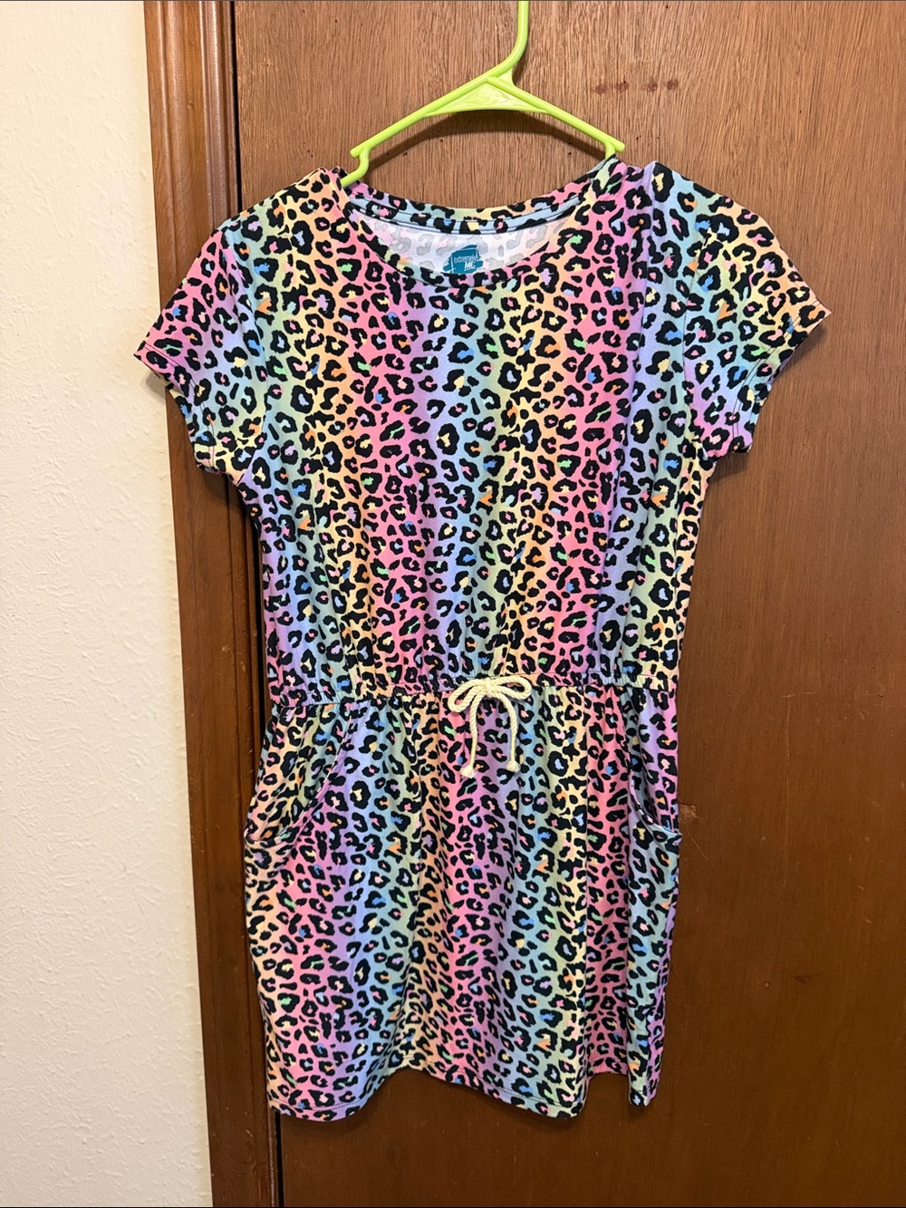 Girls' Rainbow Leopard Print Drawstring Dress - Multicolor